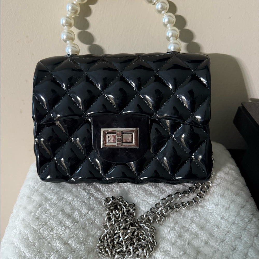 Fashion Nova Black Patent Mini Bag with Pearl Handle